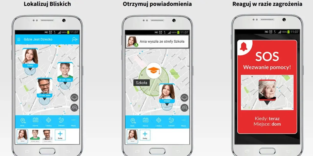 Aplikacja do lokalizowania telefonu i bliskich. Pokazuje pozycje dzieci na mapie, powiadomienia o wyjściu ze strefy i funkcję SOS.