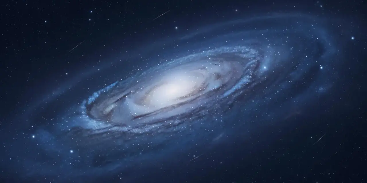 Wirująca galaktyka w odcieniach głębokiej barwy niebieskiej, otoczona milionami gwiazd i smugami spadających meteorów.