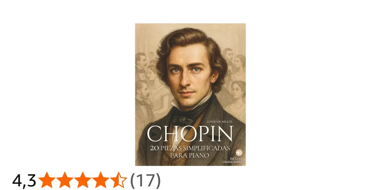 Portada de libro "Chopin: 20 piezas simplificadas para piano", con retrato del compositor y fondo de figuras de época. Incluye valoraciones.