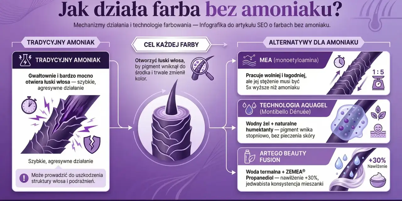 Porównanie farby z amoniakiem i bez. Amoniak działa agresywnie, niszcząc włosy. Alternatywy, jak MEA czy technologie Aquagel, są łagodniejsze.