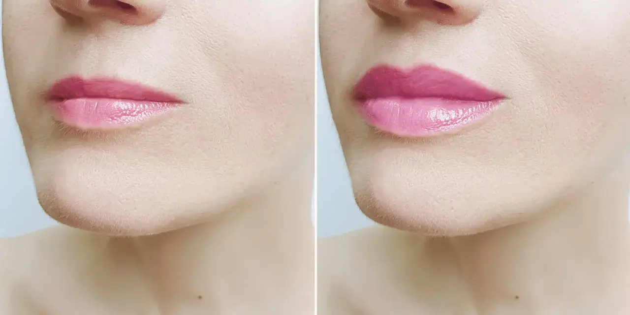 Przed i po zabiegu botox lip flip. Usta po zabiegu są pełniejsze i bardziej wyraziste.