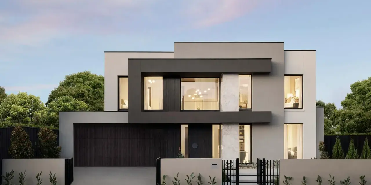 Modernas fachadas exteriores de casas con líneas limpias, grandes ventanales y detalles en mármol. Un diseño elegante y contemporáneo.