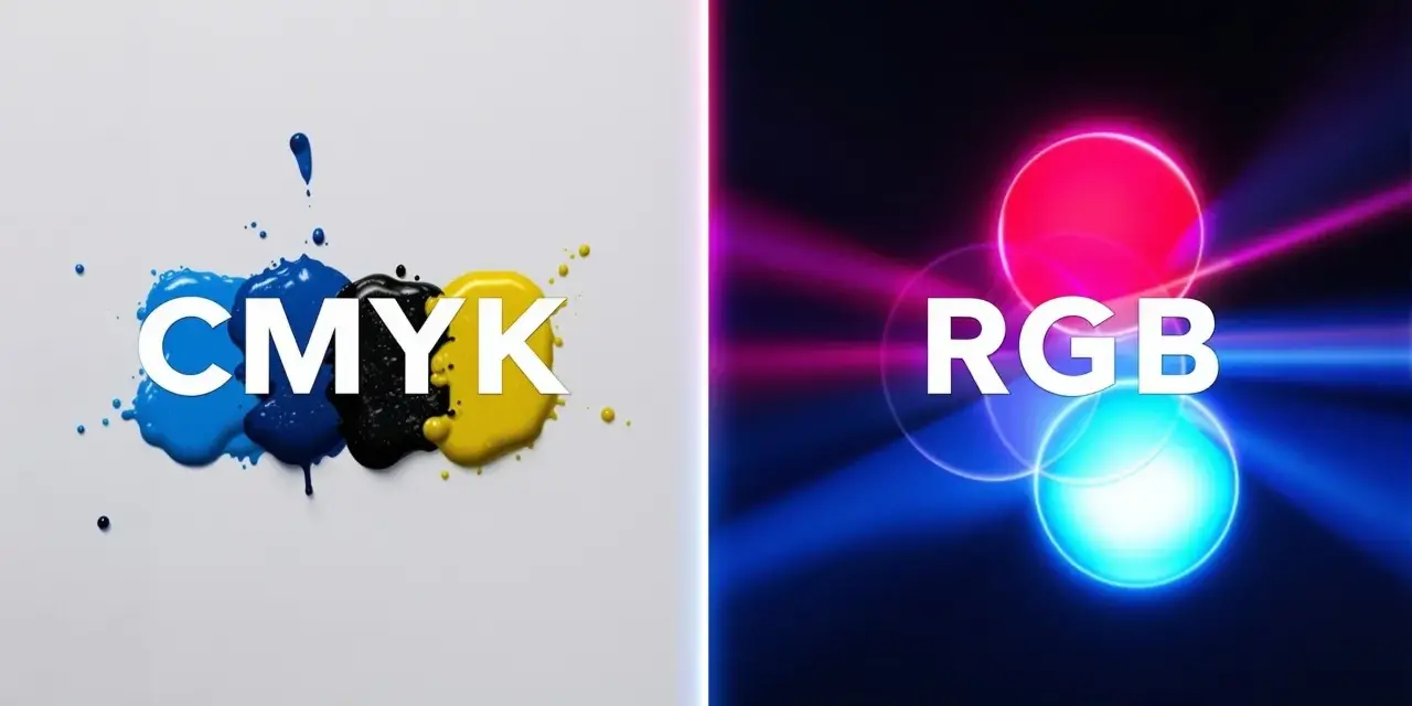 Kontrast między drukiem CMYK a światłem RGB. Plamy farby cyjan, magenta, żółtej i czarnej obok neonowych kół czerwonego, zielonego i niebieskiego.