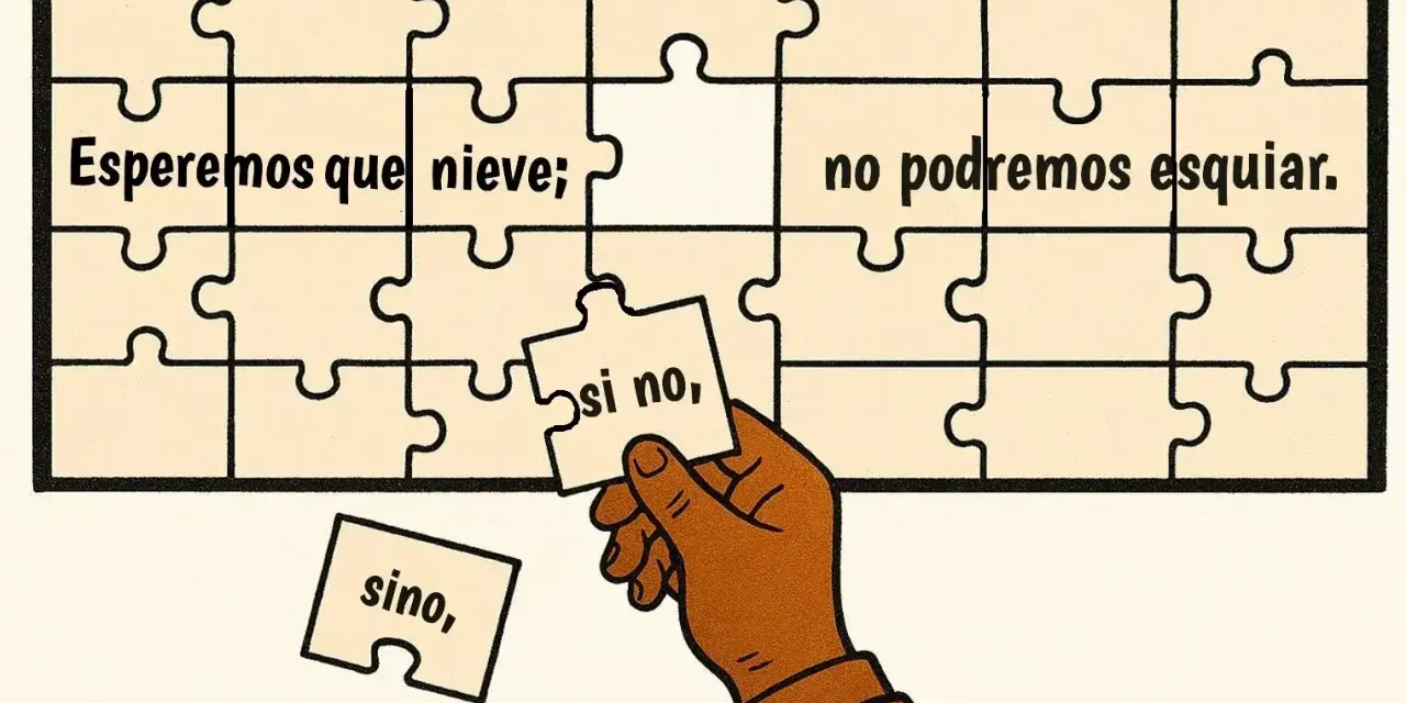 Un rompecabezas con la frase "Esperemos que nieve; no podremos esquiar". Una mano sostiene la pieza "si no,".