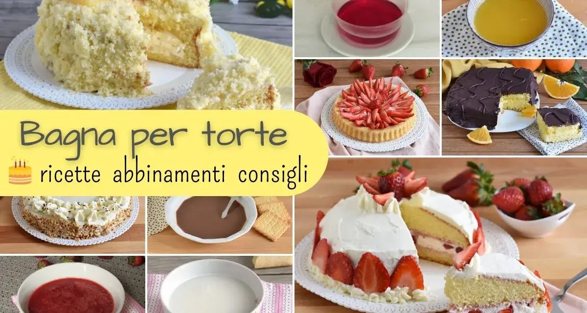 Collage di torte e ingredienti per bagna per pan di spagna: torte decorate, fragole, arance, gelatina, creme e sciroppi.