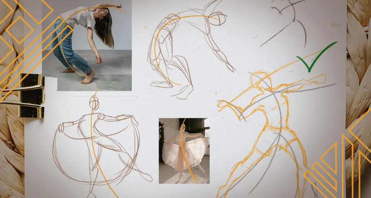 Étude de mouvement pour un lexique dessin : croquis de danseurs inspirés de photos, capturant la fluidité des poses.