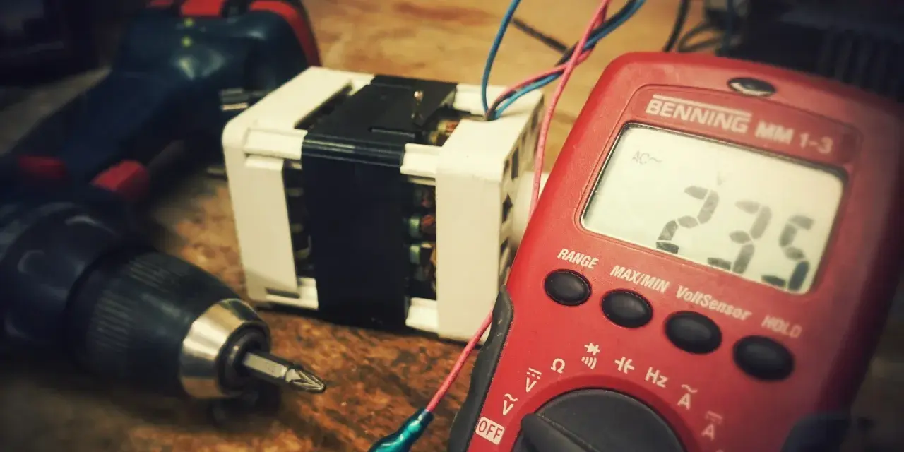 Narzędzia i transformator, potencjalne odpady elektroniczne, czekają na diagnozę multimetrem.