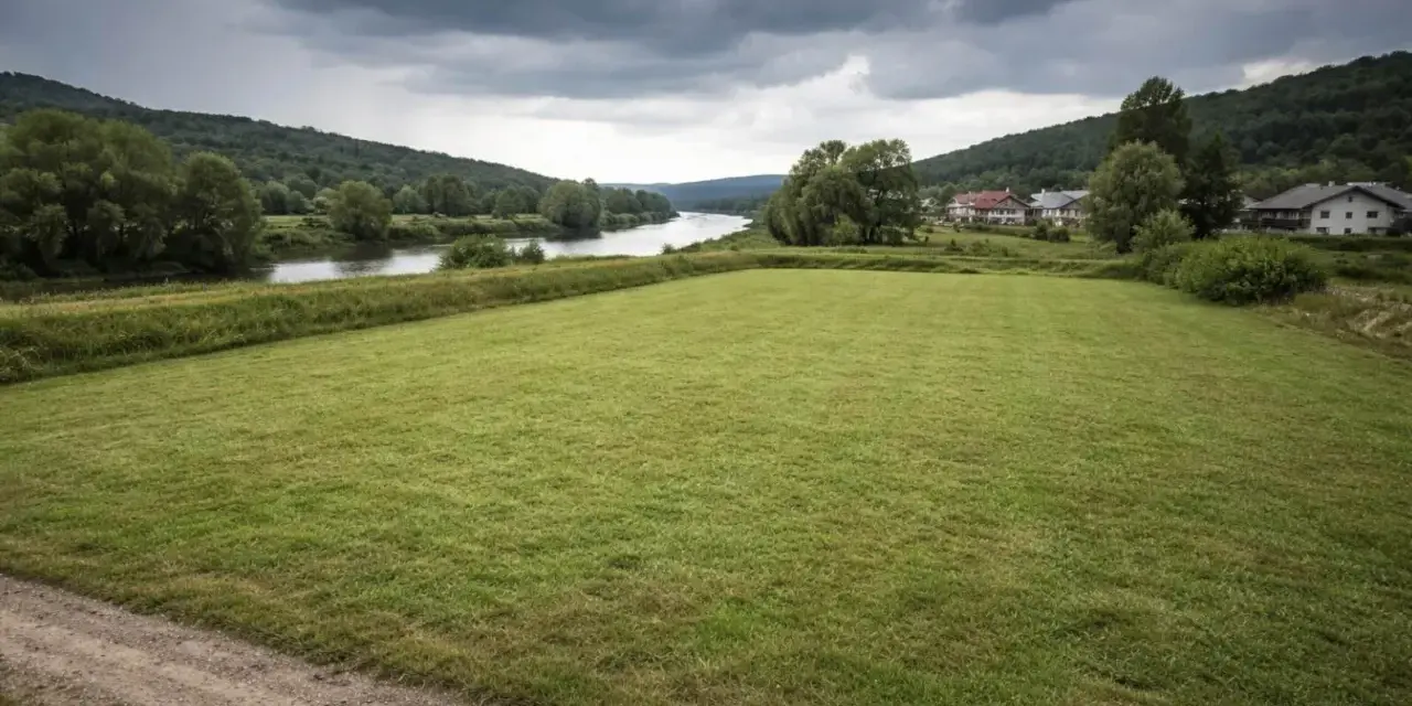 Łąka nad rzeką, domy w oddali. Chmury zapowiadają deszcz, budząc obawy o zagrożenie powodziowe.