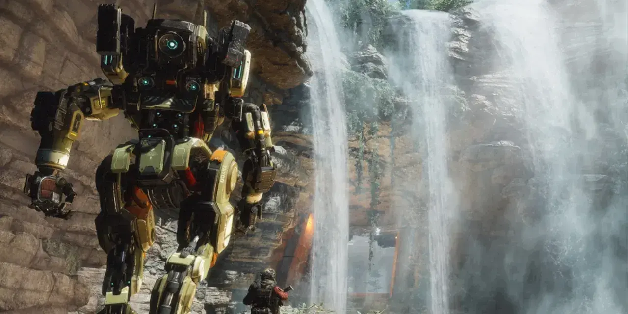 Ogromny mech i pilot stoją przy wodospadzie. Fani zastanawiają się, kiedy **Titanfall 3** ujrzy światło dzienne.