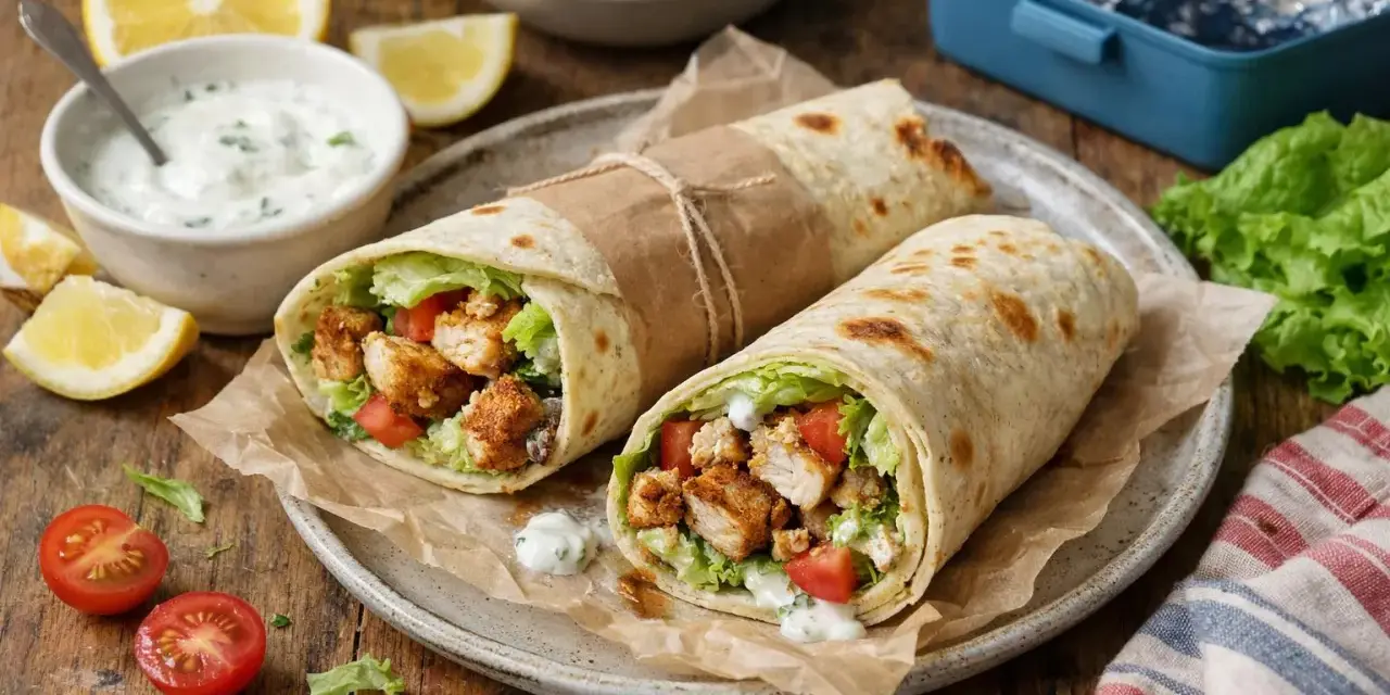 Deux wraps poulet savoureux, garnis de poulet croustillant, salade et tomates, prêts à être dégustés. Une recette wrap poulet facile et rapide.