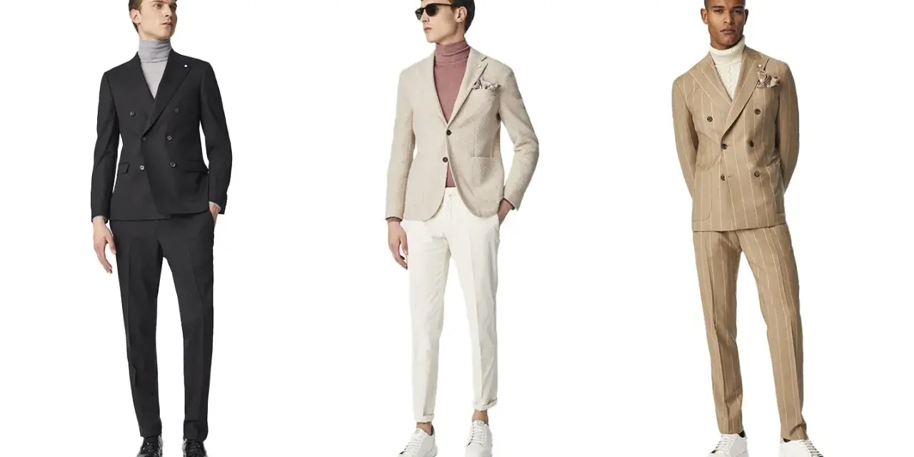 Tre uomini indossano un spezzato vestito: uno in nero, uno beige con fantasia, uno gessato.