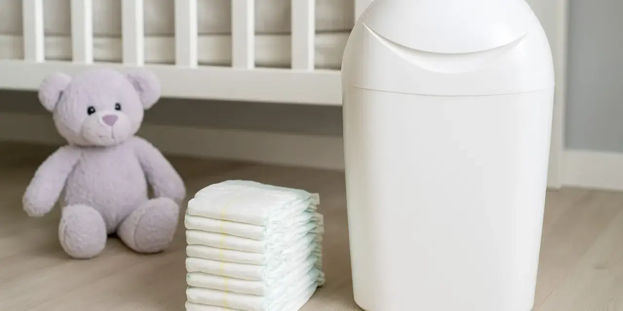 Biały kosz na pampersy Angelcare obok stosu pieluch i pluszowego misia, gotowy do utrzymania czystości w pokoju dziecka.