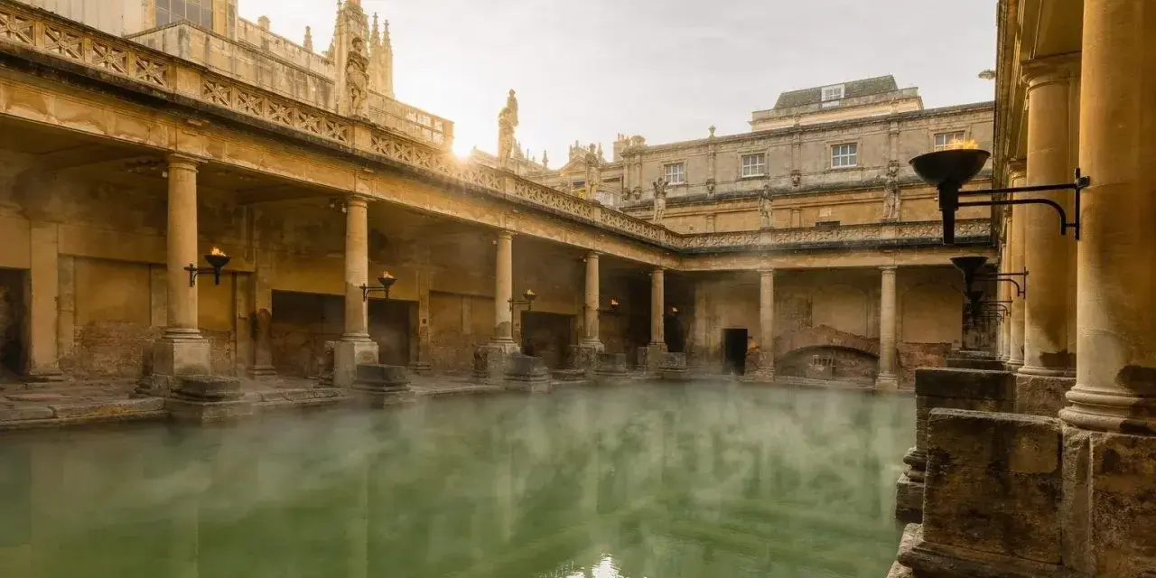 Steaming green water fills the Great Bath, surrounded by ancient Roman ruins with columns and torches.