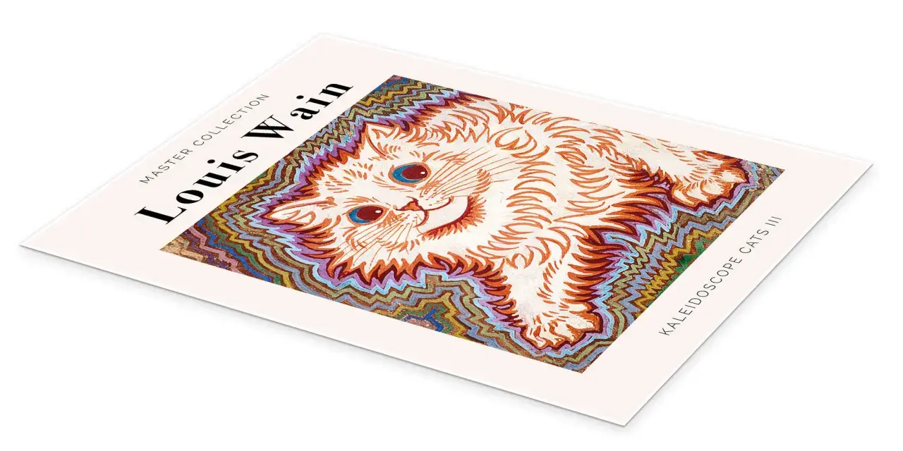 Un chat blanc aux yeux bleus, dans le style psychédélique des louis wain cats, entouré d'un motif kaléidoscopique.