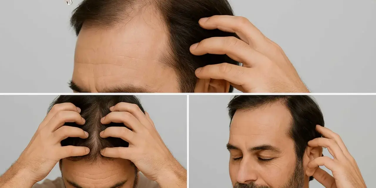 Man applicerar serum i hårbotten för att motverka håravfall. Bilden visar steg för steg hur applicerar man serum.