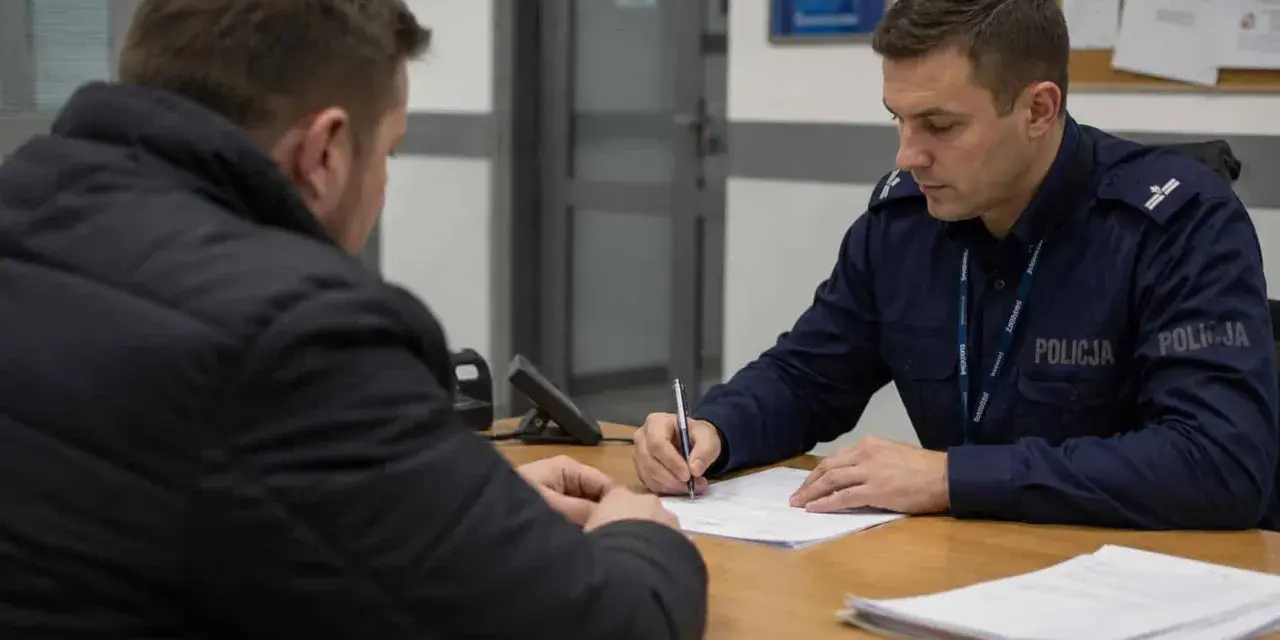 Policjant w mundurze spisuje dokumenty. Dowiedz się, jak sprawdzić status sprawy na policji, aby uzyskać potrzebne informacje.