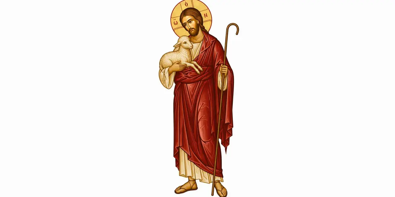 Jezus dobry pasterz, trzymający na rękach jagnię i laskę pasterską. Wokół głowy ma złoty nimb.