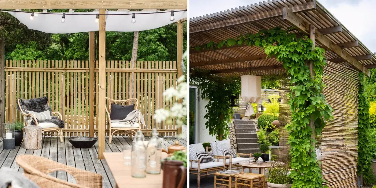 Två mysiga uteplatser med pergola inspiration. En med vit markis och ljusslinga, den andra med klätterväxter och bambuskärm.