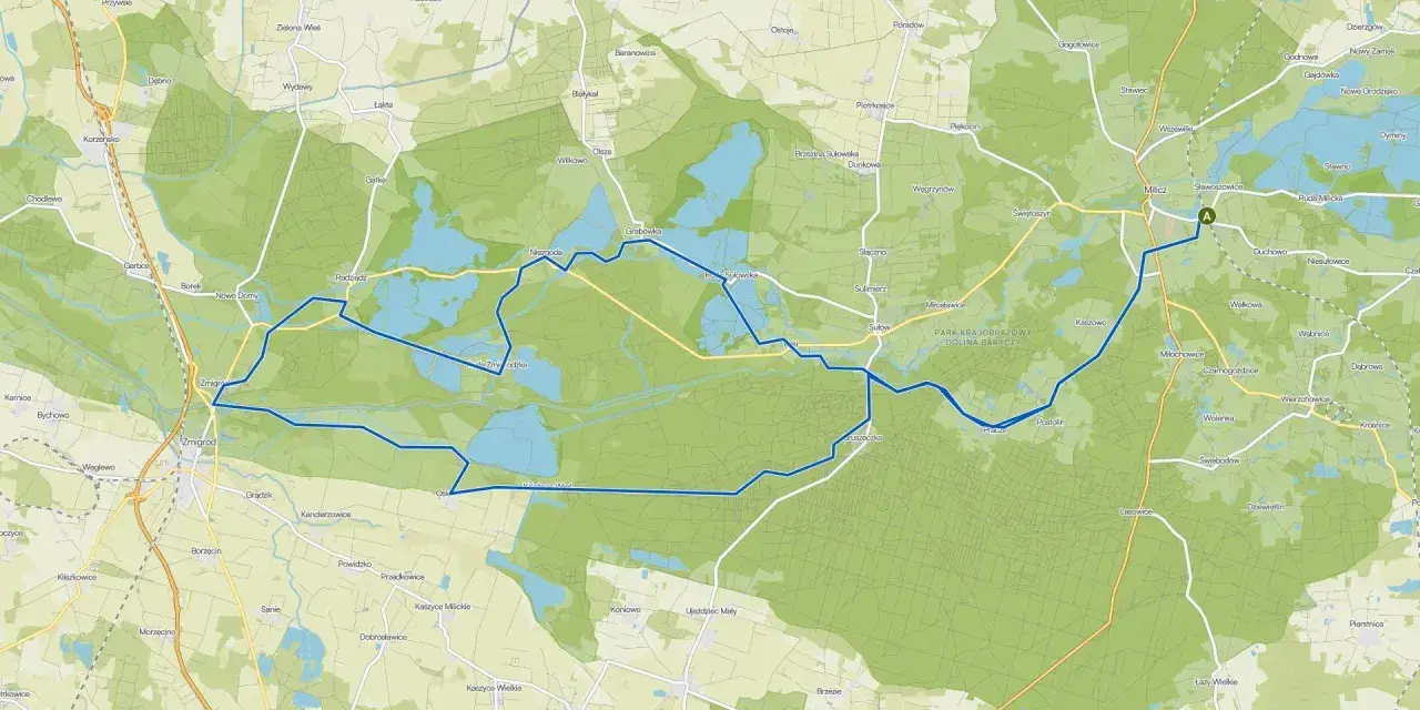 Trasy rowerowe w Dolinie Baryczy. Mapa pokazuje malownicze szlaki wiodące przez tereny wodne i leśne, idealne na aktywny wypoczynek.