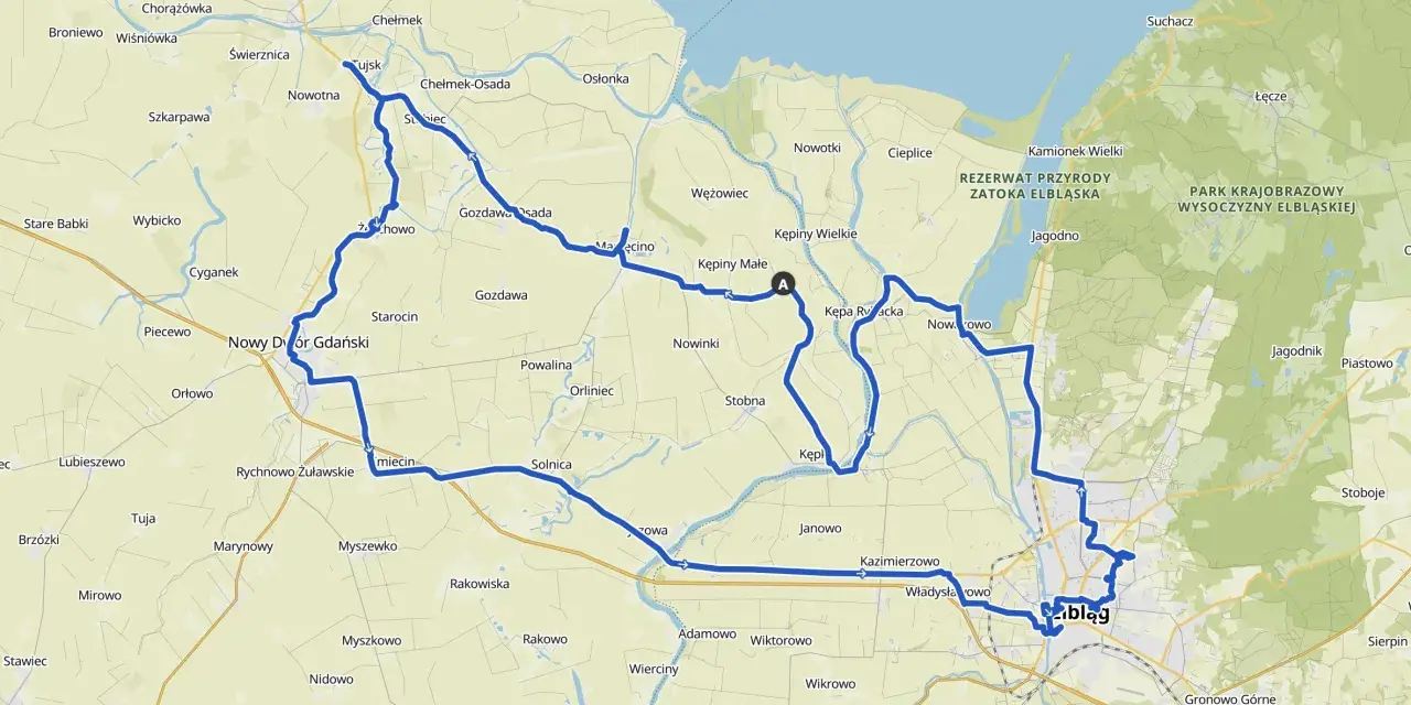 Mapa z zaznaczonymi trasami rowerowymi wokół Elbląga, prowadzącymi przez malownicze tereny Żuław i Rezerwatu Przyrody Zatoka Elbląska.