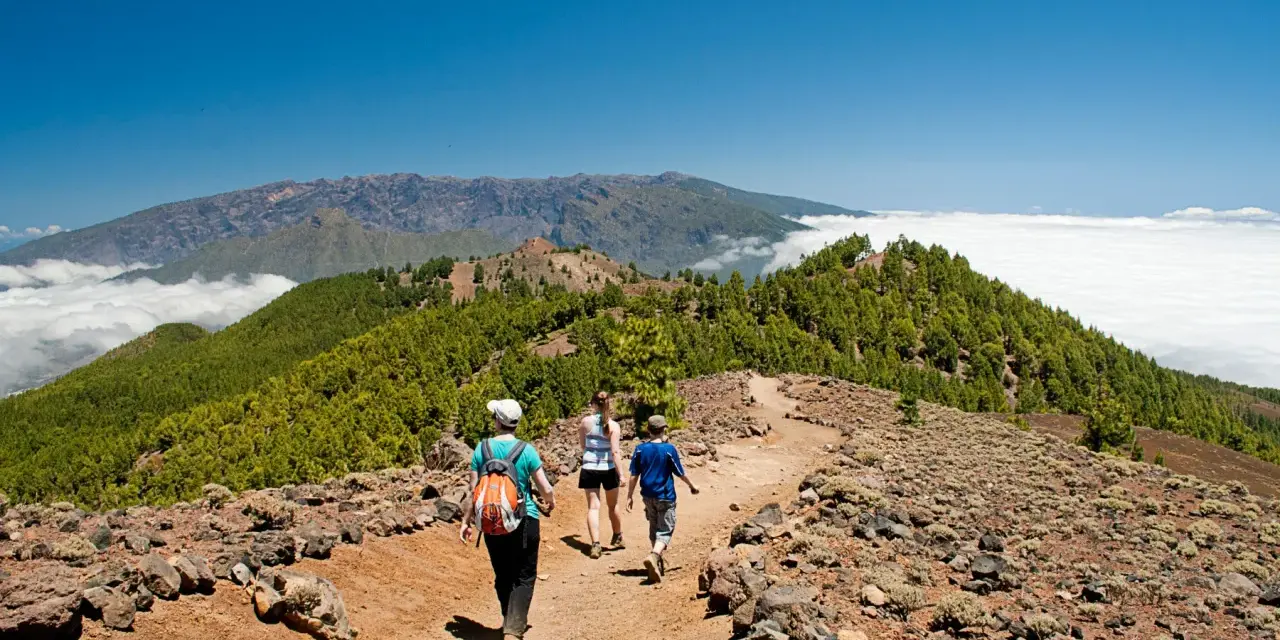 Senderos la Palma: tres personas caminan por un sendero rocoso con vistas a montañas cubiertas de pinos y un mar de nubes.