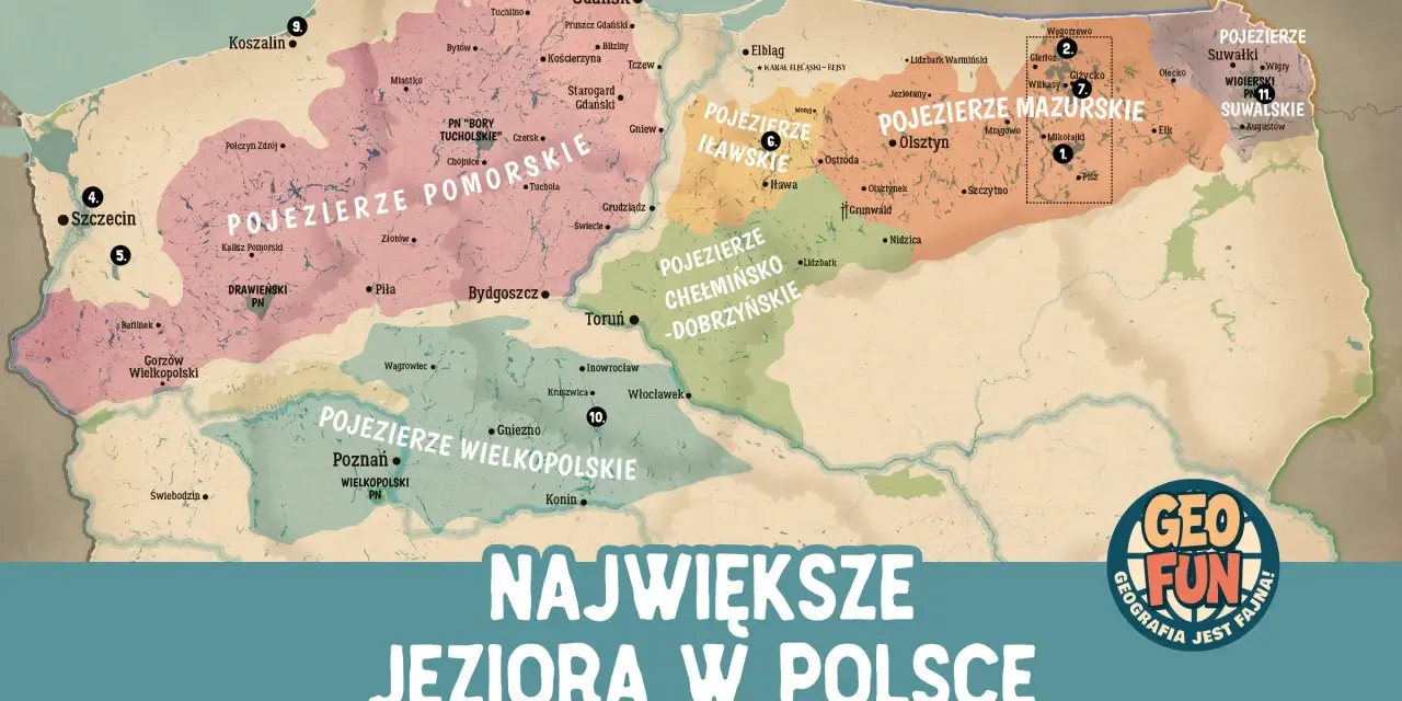 Mapa Polski z zaznaczonymi największymi jeziorami: Pojezierze Mazurskie, Pomorskie, Wielkopolskie, Iławskie, Chełmińsko-Dobrzyńskie i Suwalskie.