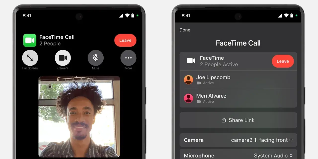 Dwa ekrany telefonu z rozmową FaceTime. Na lewym widać uśmiechniętego mężczyznę, na prawym listę uczestników.