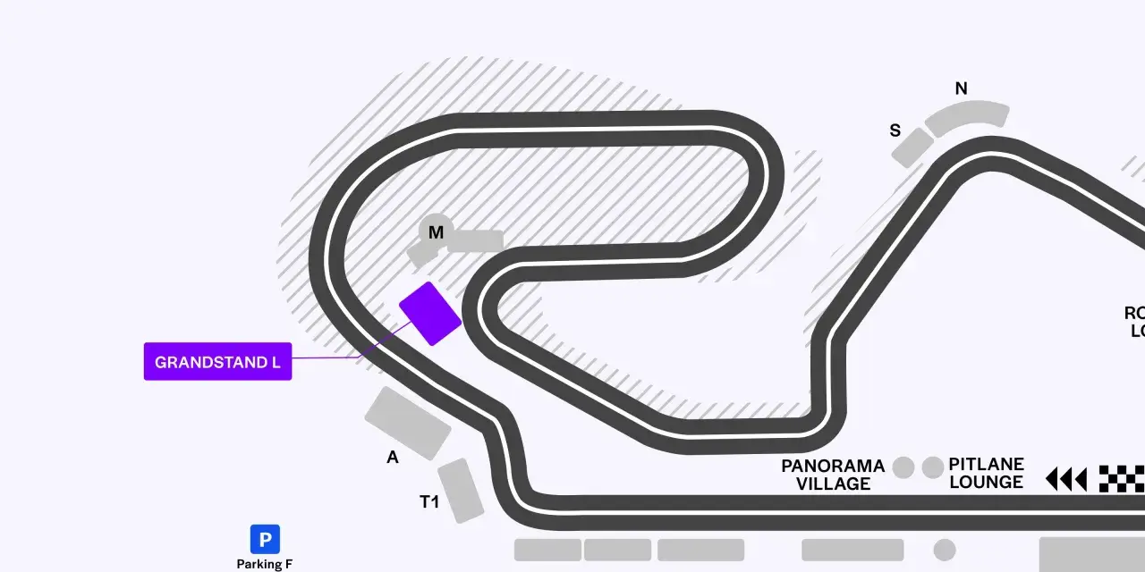 Mapa del circuito de Montmeló, con zonas de aparcamiento (P), gradas (GRANDSTAND L) y áreas de interés para la clasificación F1 Barcelona.