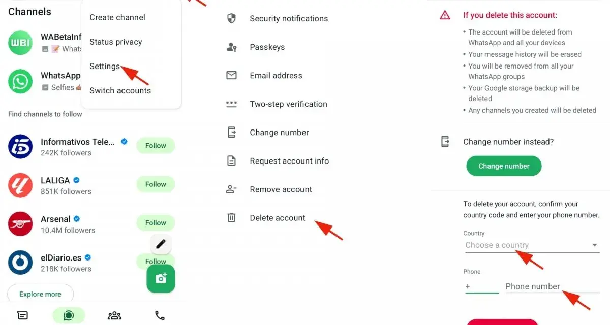 WhatsApp-Menü mit Pfeilen, die auf Einstellungen, Konto löschen und Telefonnummern-Eingabe zeigen.