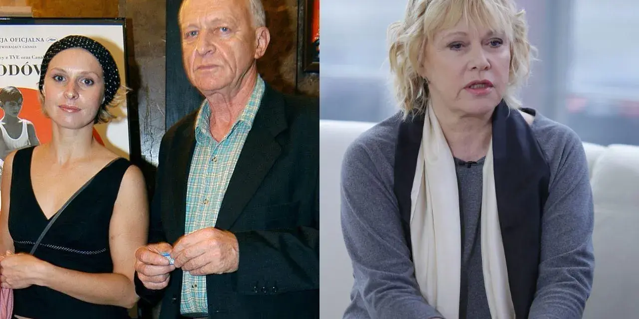 Witold Holtz z młodszą kobietą obok plakatu, a po prawej siedząca kobieta z blond włosami.