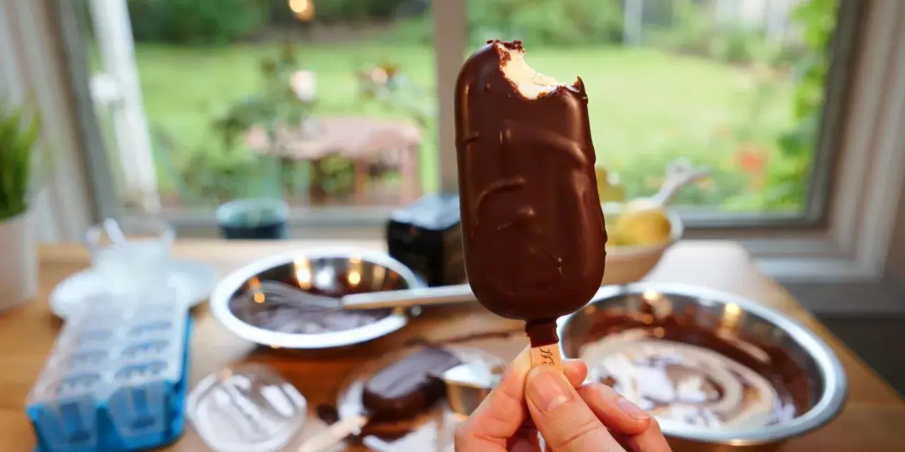 Ein abgebissener Schokoriegel, der zeigt, wie einfach es ist, Magnum Eis selber machen. Zutaten und Eisformen liegen bereit.