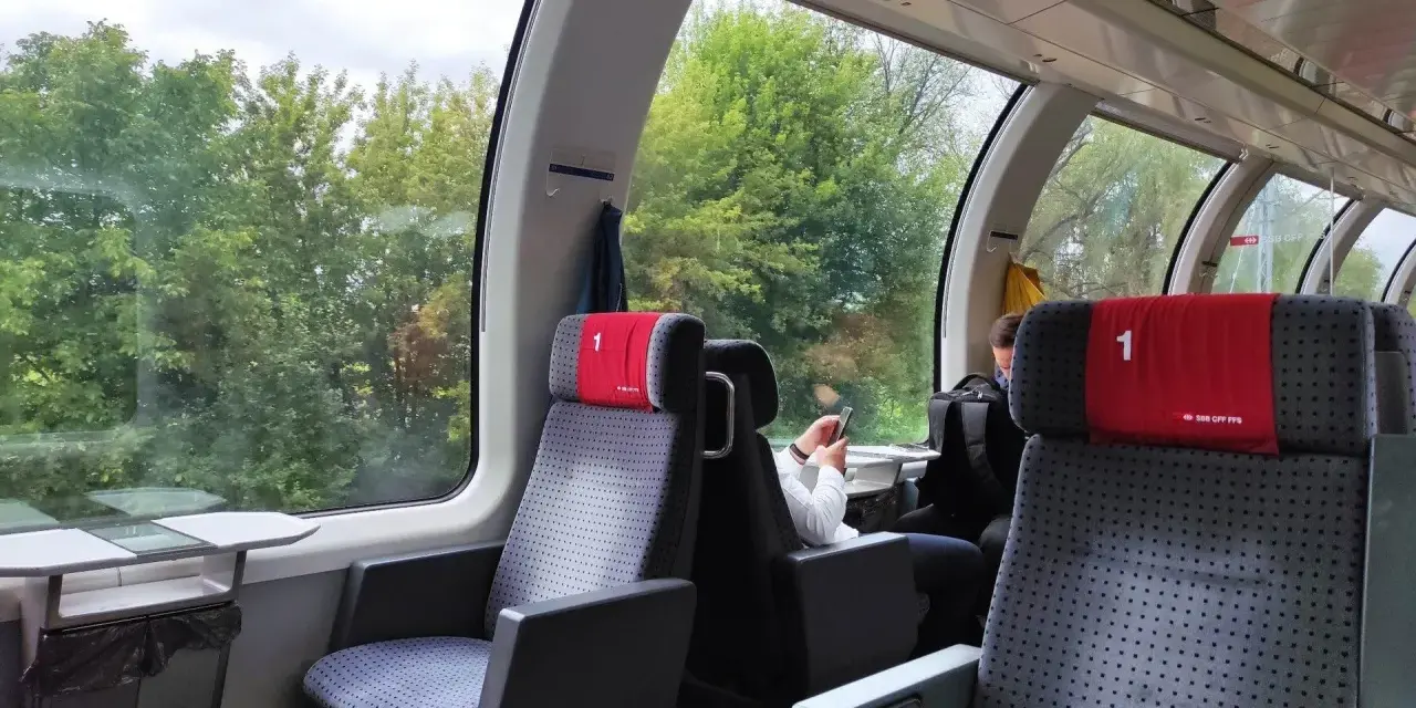 Wnętrze wagonów IC 3806 Malczewski. Siedzenia w pierwszej klasie, widok na zielone drzewa za oknem.