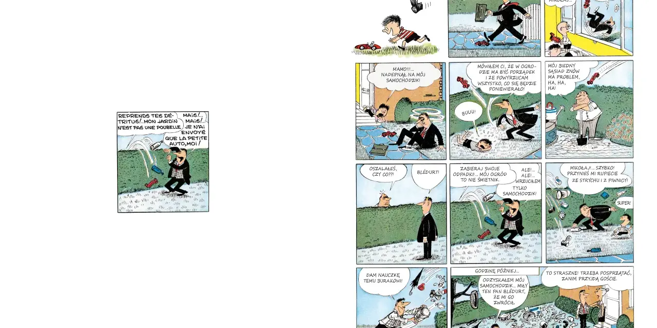 Jak zrobić komiks o Mikołajku? Zobacz, jak tata próbuje posprzątać ogród po jego zabawach z samochodzikami.