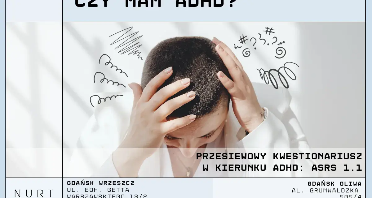 Kobieta z rękami na głowie, otoczona rysunkami symbolizującymi chaos myśli. "Czy mam ADHD?" i informacja o kwestionariuszu ASRS 1.1.