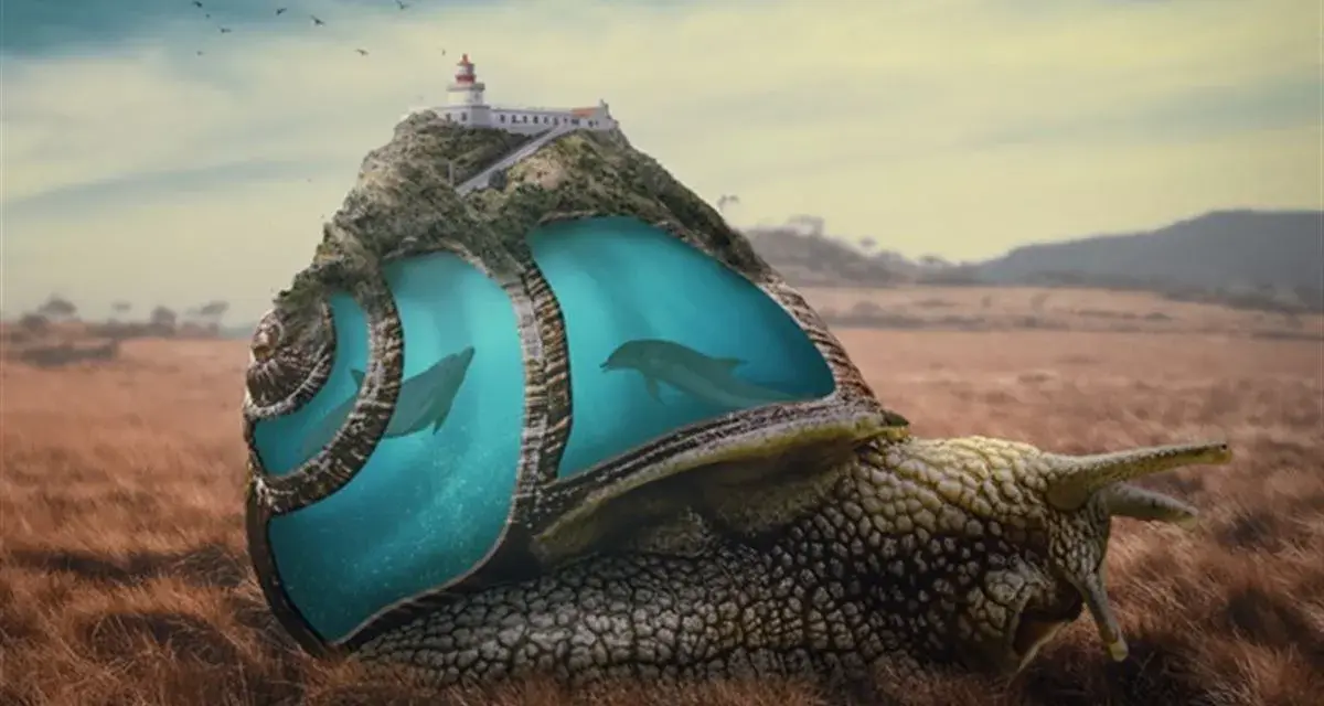 Un escargot géant porte une île avec un phare, abritant des dauphins dans sa coquille. Un montage photo photoshop surréaliste.