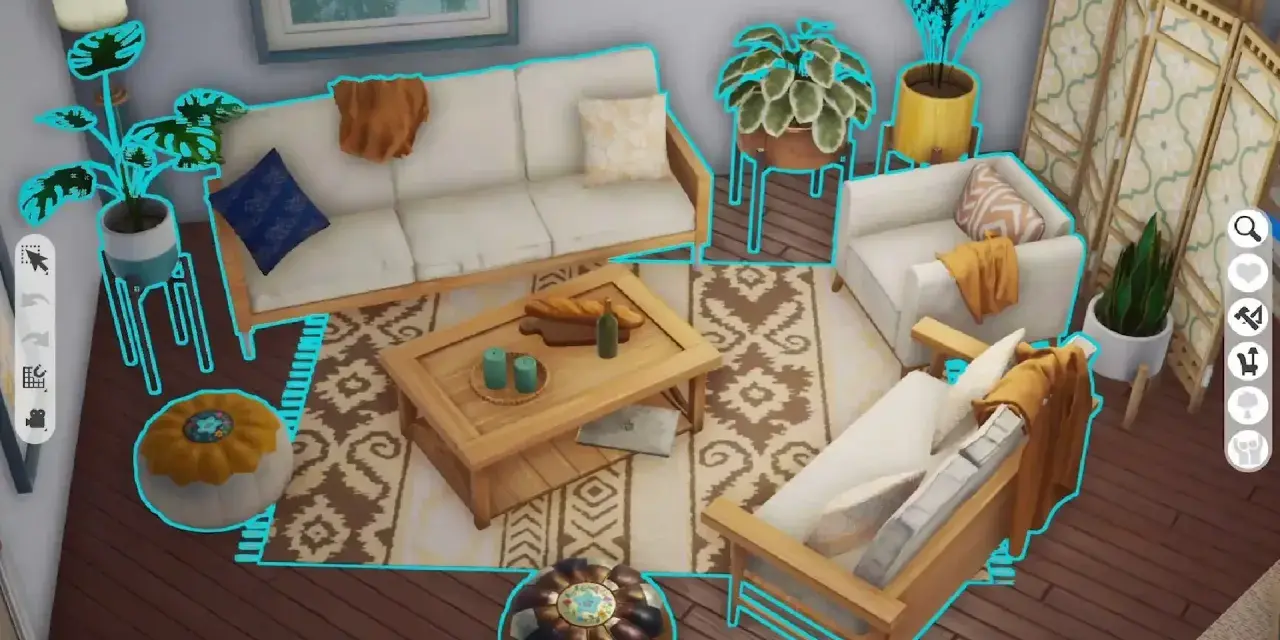 Diseño de sala de estar en Sims 5, con sofás, mesa de centro, plantas y un biombo.