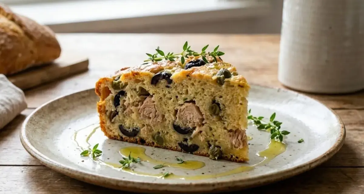 Tranche de cake au thon, olives noires et câpres, garnie de thym frais, sur une assiette avec un filet d'huile d'olive.