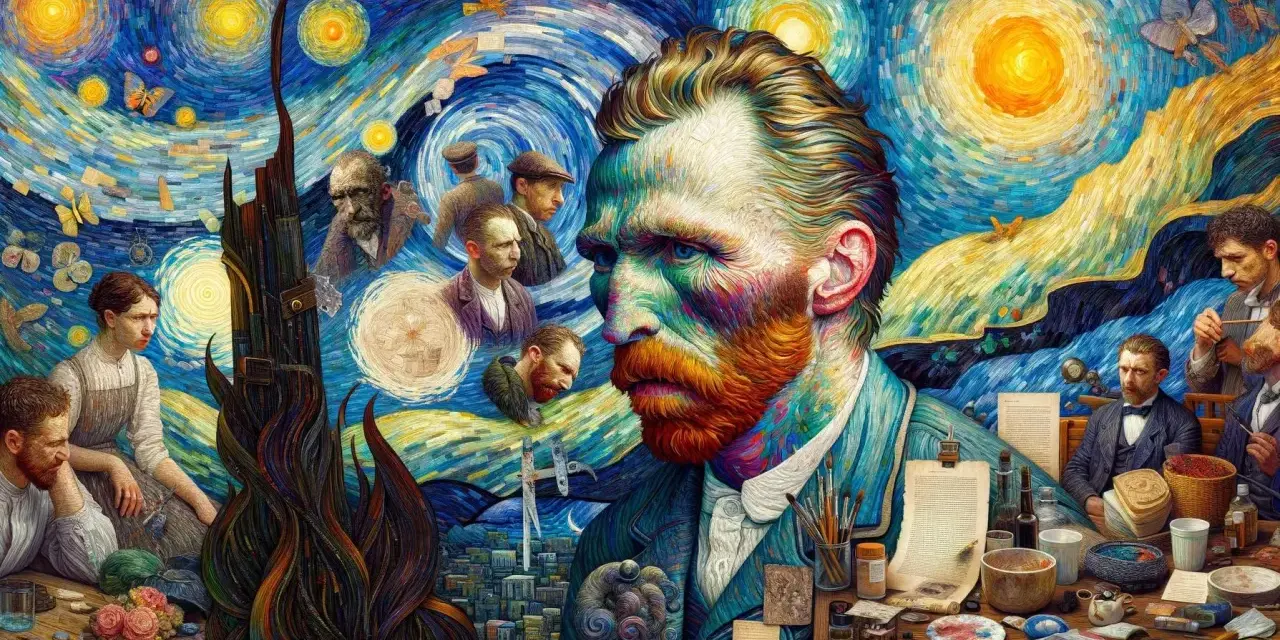 Van Gogh i Paris, omgiven av sina verk och andra konstnärer. En drömsk, virvlande nattscen.