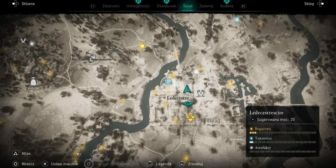 Mapa z gry Assassin's Creed Valhalla. Widoczny obszar Ledecestrescire, z zaznaczonymi punktami bogactwa i tajemnic. Poradnik AC Valhalla.