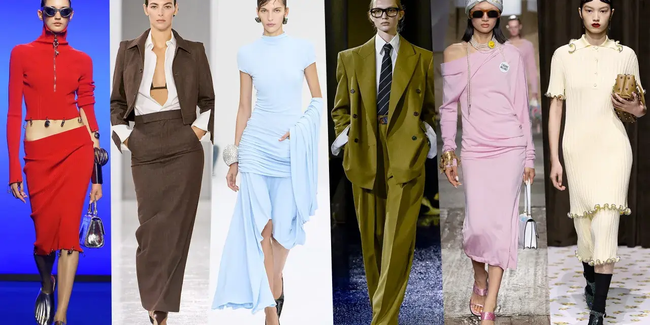 Moda estate 2024 donna: abiti audaci rossi, completi eleganti marroni e azzurri, tailleur verdi e vestiti rosa e crema.
