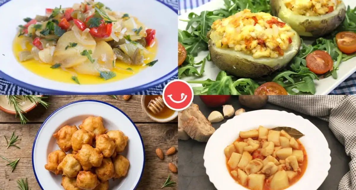 Cuatro deliciosas recetas con patatas: patatas guisadas, patatas rellenas, patatas fritas y patatas con verduras.