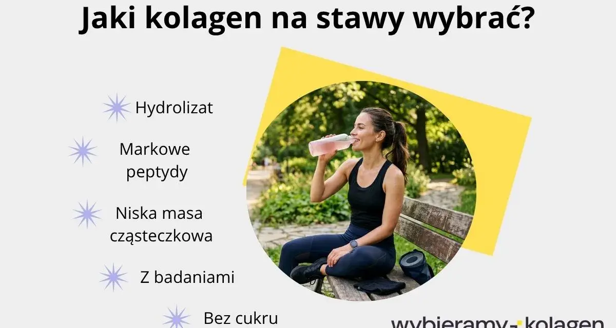 Aktywna kobieta pije napój. Obok lista cech dobrego kolagenu na stawy: hydrolizat, peptydy, niska masa, z badaniami, bez cukru.