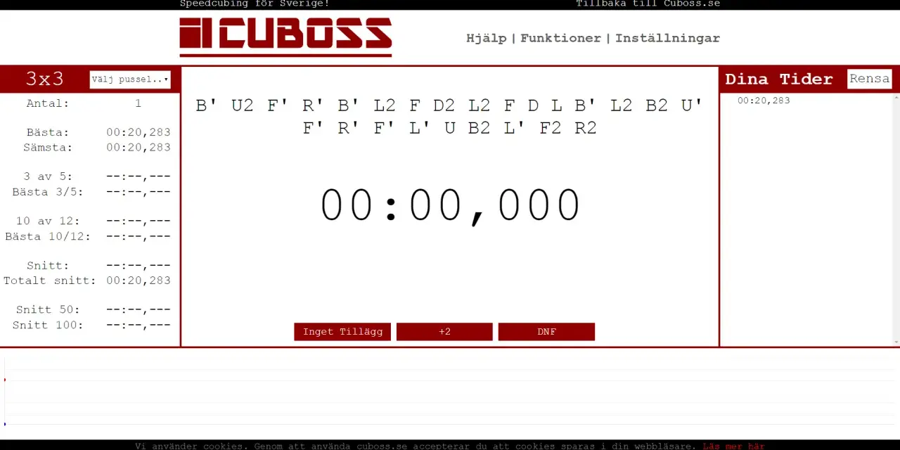 En rubiks kub timer visar en tid på 00:00,000. Bredvid syns en lista med tider och en sekvens av drag.