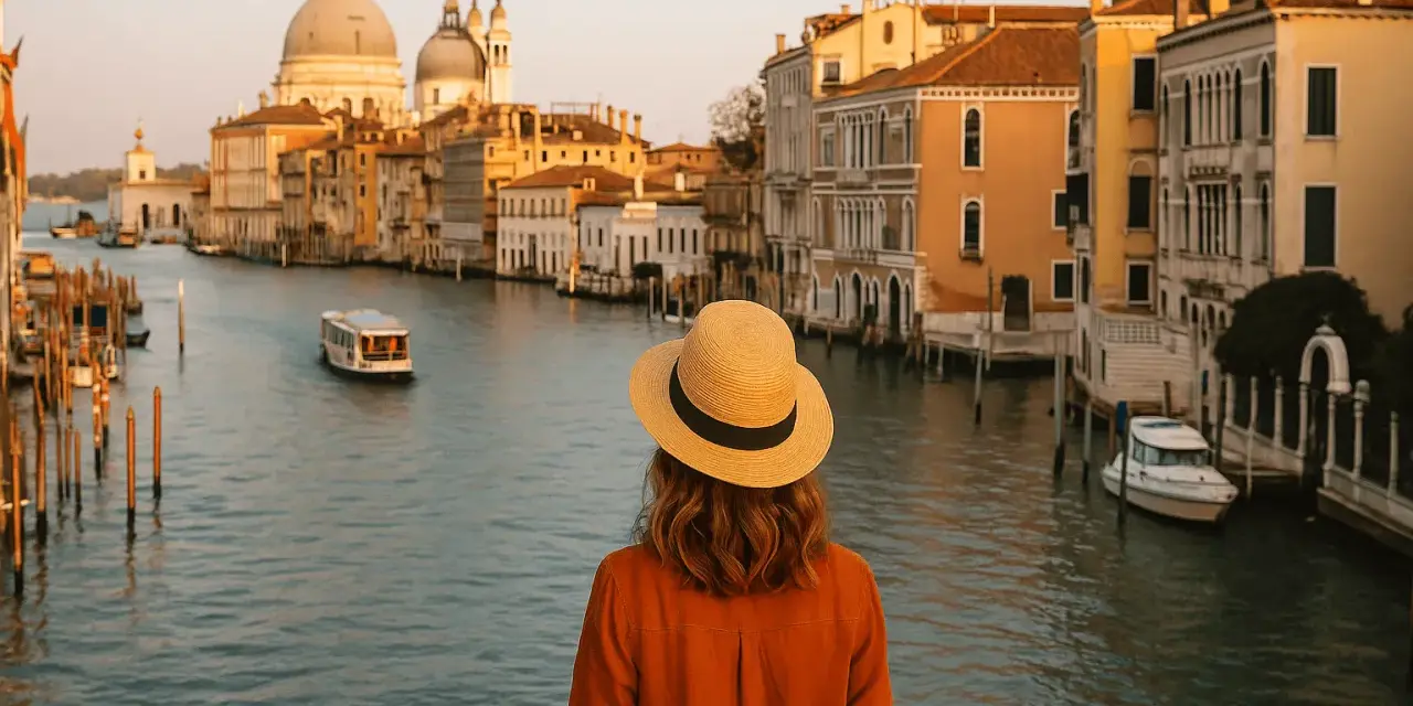 Una donna con cappello di paglia ammira il Canal Grande, un perfetto week end a Venezia.