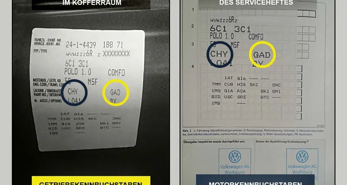 Aufkleber im Kofferraum und Serviceheft zeigen, wie man den **Getriebetyp herausfinden** kann. CHY und QAD sind die Kennbuchstaben.