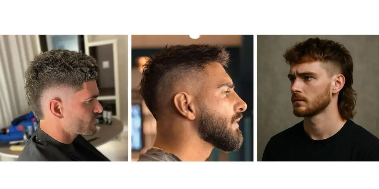 Tres hombres con cortes de pelo modernos. El de la izquierda tiene un mullet con degradado. El del medio, un degradado con barba. El de la derecha, un mullet con flequillo.