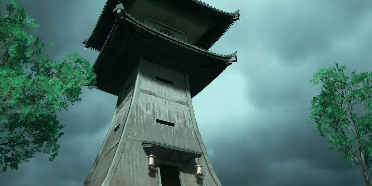 Torre de vigilancia de madera con tejados curvos, como los faros de Ghost of Tsushima, bajo un cielo tormentoso.