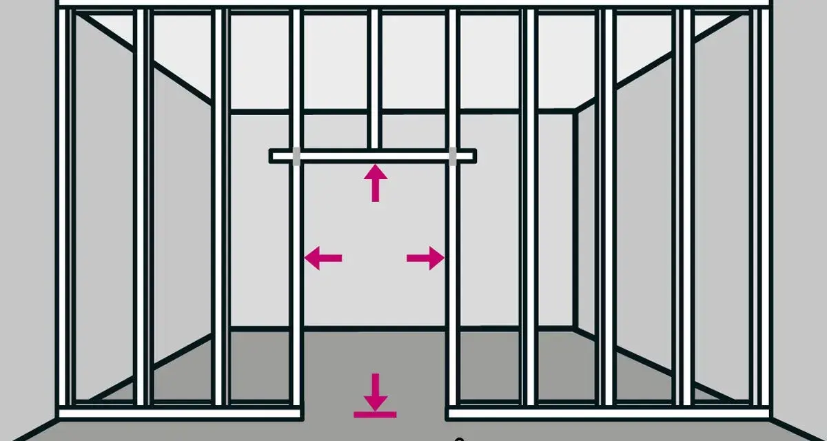 Illustration visar hur man monterar stålreglar för att bygga en vägg med standardmått.