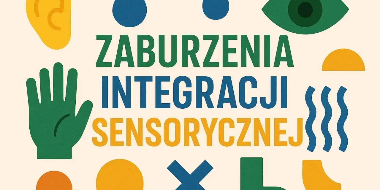 Grafika z napisem "Zaburzenia integracji sensorycznej". Obok symbole ucha, dłoni, kropli, oka, fal i kształtów geometrycznych.