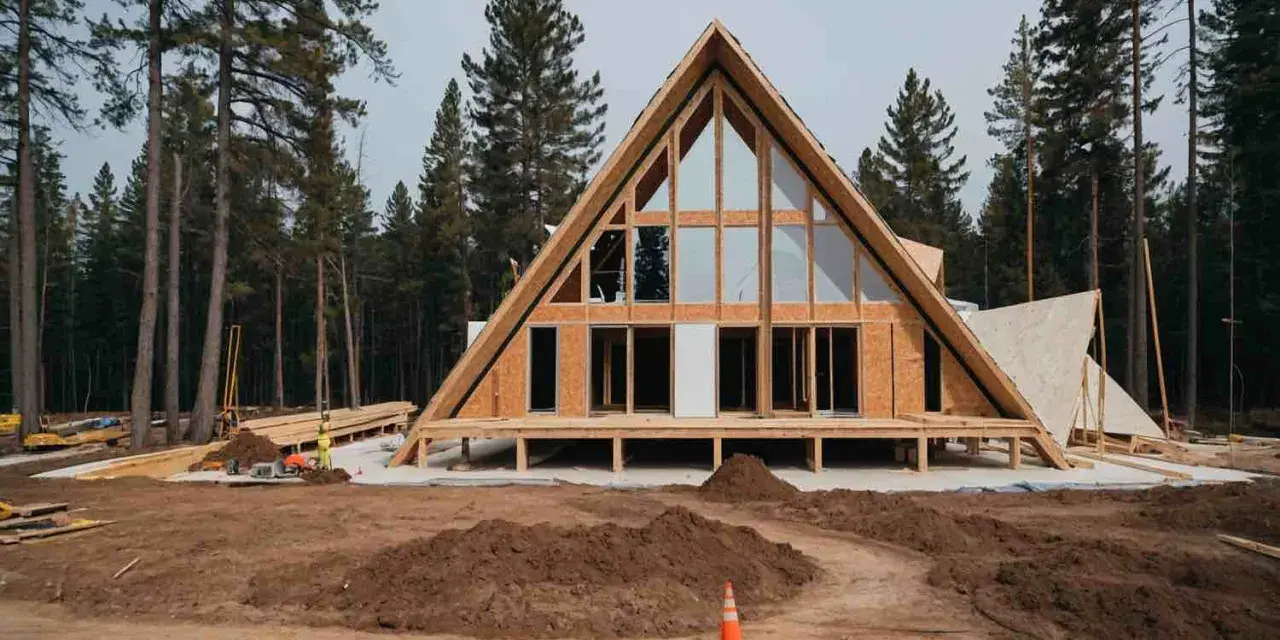 Maison en A en construction, un projet d'aide pour travaux fait soi-même. Bois, fenêtres et terrain en chantier.